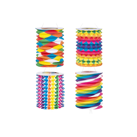 Set 12 lanternes cylindriques en papier bariolées (ass. de 4 designs) Diam. 16cm