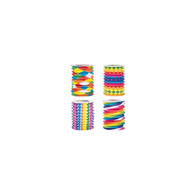 Set 12 lanternes cylindriques en papier bariolées (ass. de 4 designs) Diam. 16cm