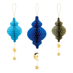 Lot de 3 suspensions orientales bleues papier (3 modèles diff.) 22 x 12cm