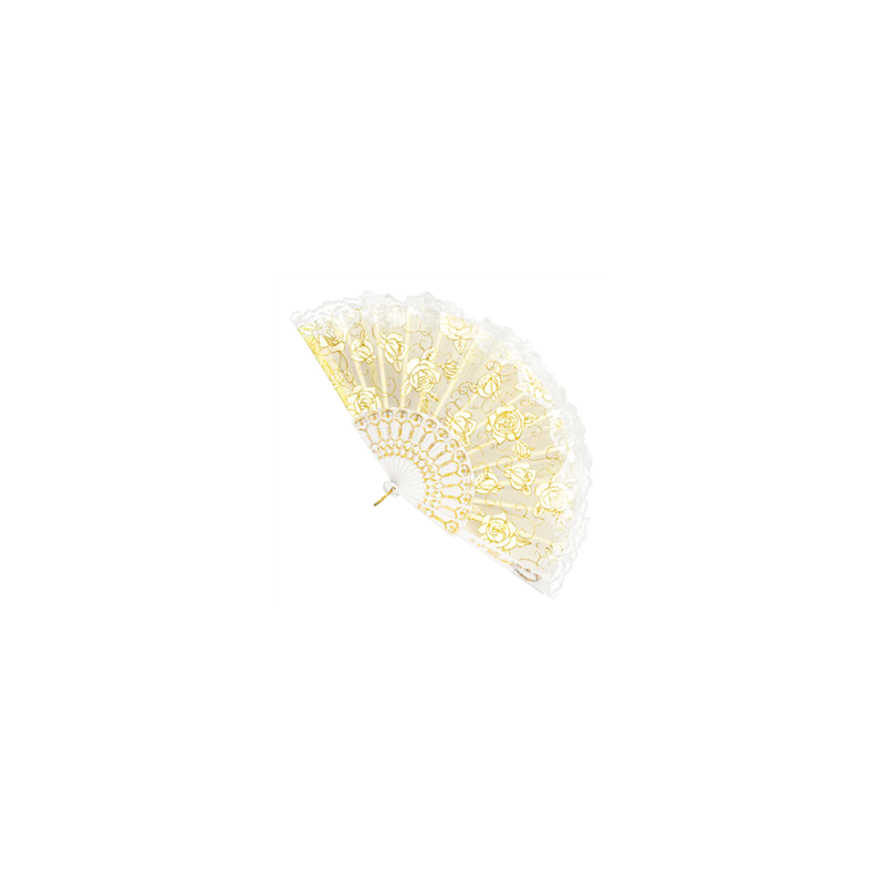 Éventail Flamenco espagnol en tissu blanc  et  or (25 cm)