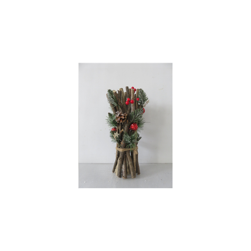 Bottillon de sapin avec bois et pommes de pin - H35cm