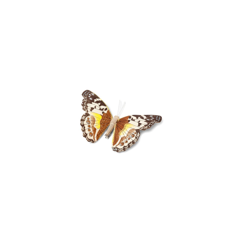 Papillon en bois chocolat et jaune sur pince - 18cm