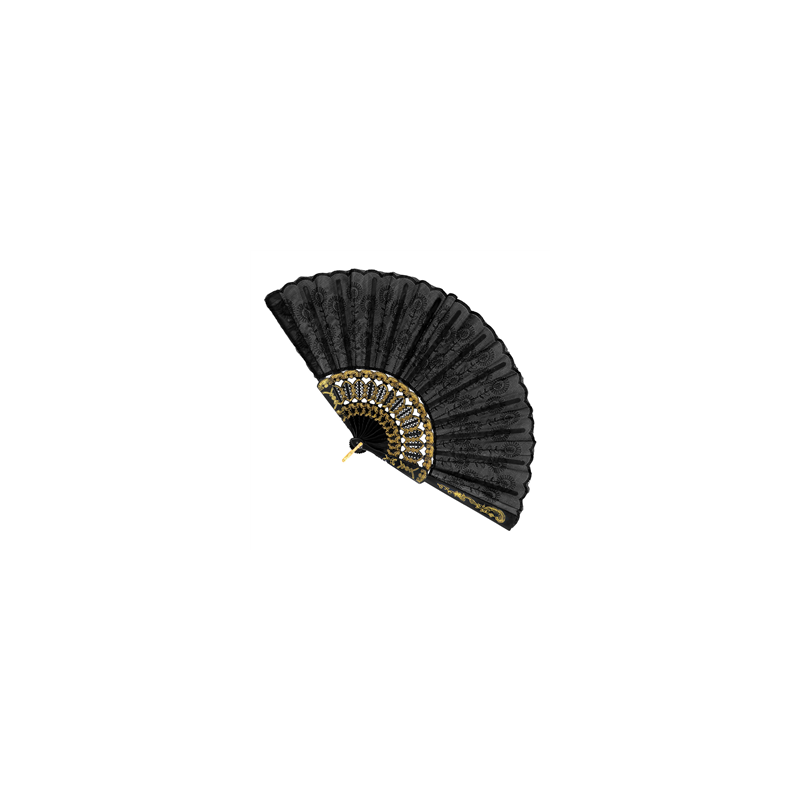 Éventail tissu dentelle noir et or - Diam. 25cm