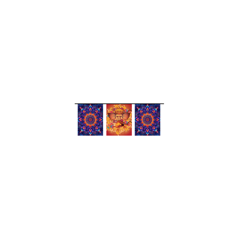 Guirlande Inde Mandala Violet  et  Ganesh - 10 fanions 20 x 30cm papier Long. 420cm