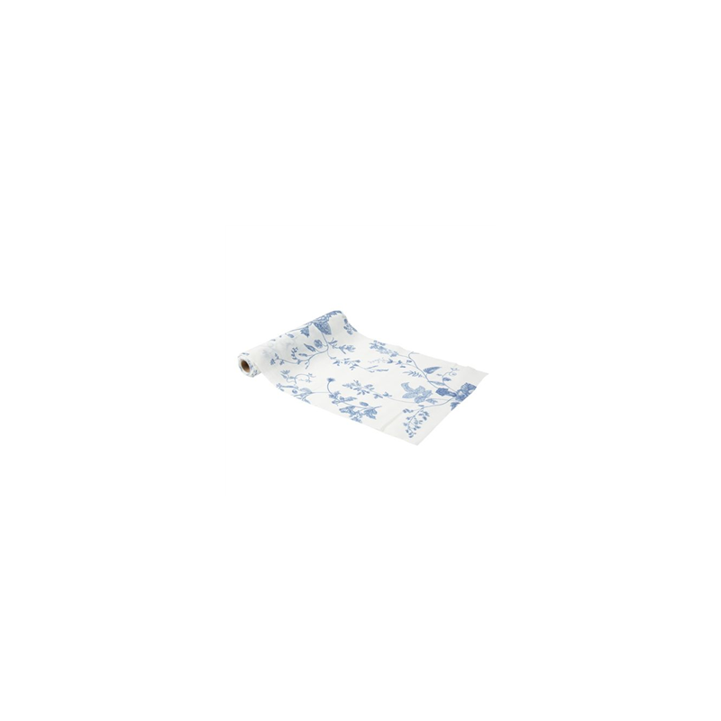 Chemin de table Toile de Jouy mousseline blanc et bleu 28cm x 3m