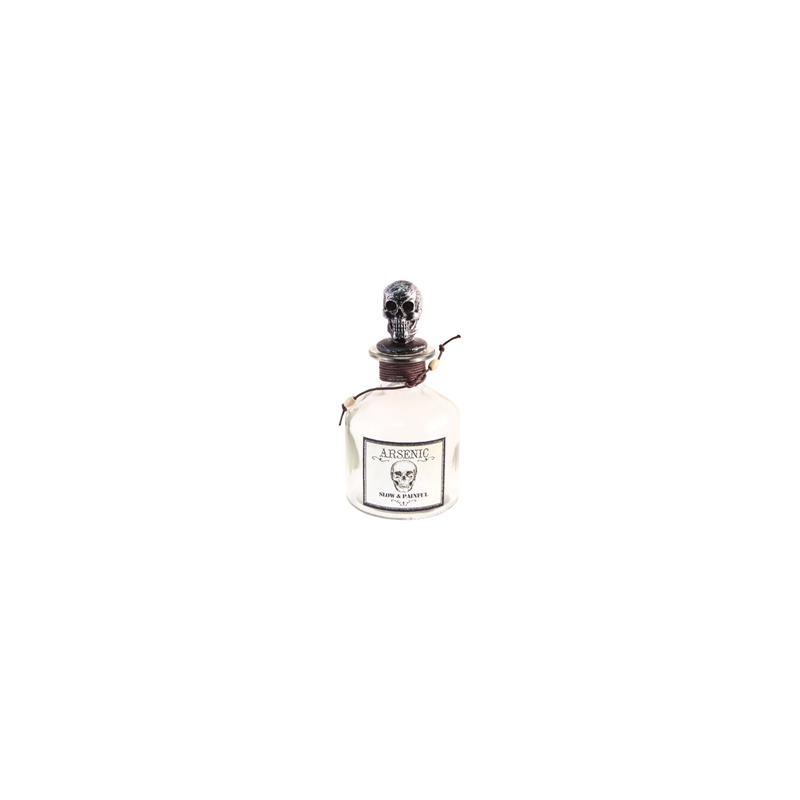 Flacon transparent arsenic et bouchon tête de mort - Haut. 16cm