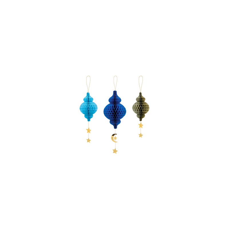 Lot de 3 suspensions orientales bleues papier (3 modèles diff.) 22 x 12cm
