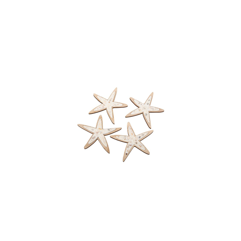4 Déco étoiles de mer bois coquillages et sable irises 14,5cm