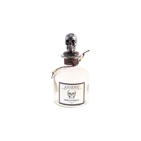 Flacon transparent arsenic et bouchon tête de mort - Haut. 16cm