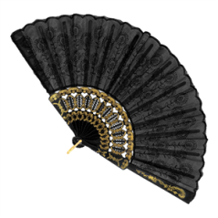 Éventail tissu dentelle noir et or - Diam. 25cm