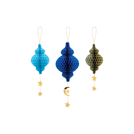 Lot de 3 suspensions orientales bleues papier (3 modèles diff.) 22 x 12cm
