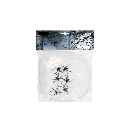 Toile d'araignée avec 5 araignées - 100 grs - ouate/PVC