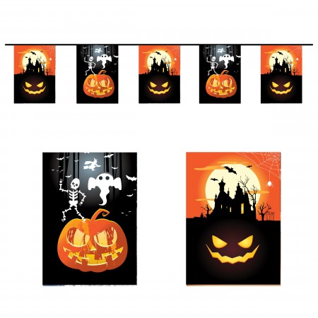 Guirlande Halloween 10 fanions 21 x 30cm - papier Long. 420cm