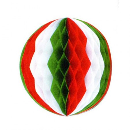 Boule festonnée vert-blanc-rouge - papier ignifuge - Diam. 25cm