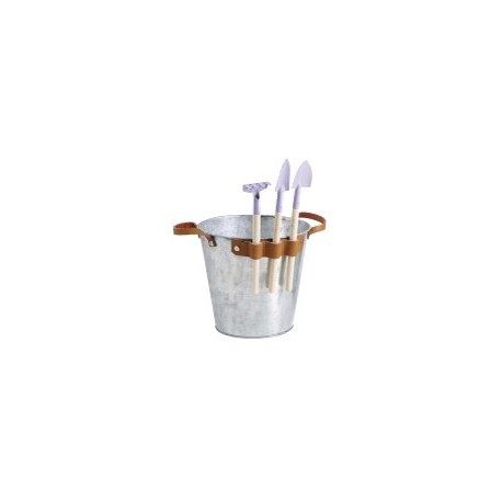 Cache pot en zinc anses en cuir + 3 accessoires de jardin  / H. 17,5 cm