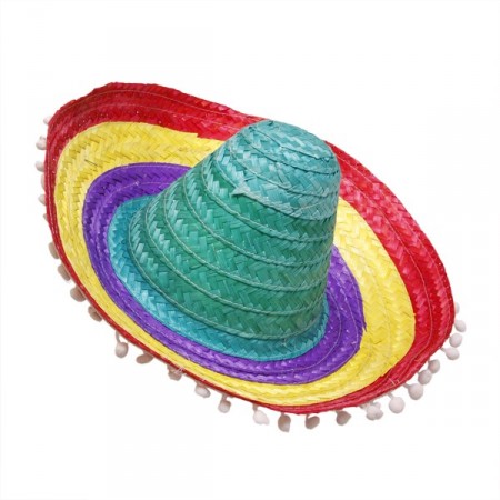 Sombrero avec pompoms - paille multicolore - Taille adulte - haut 20 cm diam 50