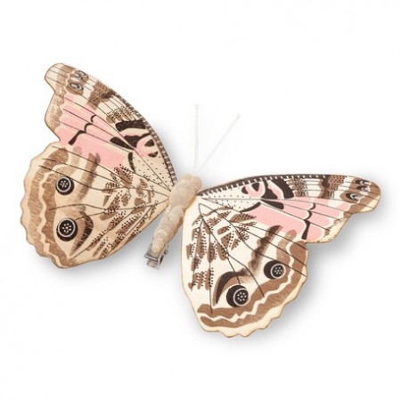 Papillon en bois taupe et rose sur pince 18cm