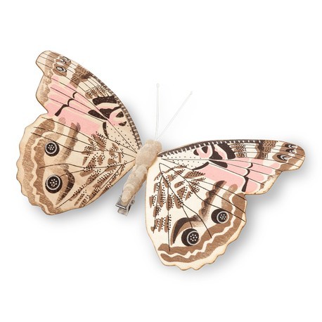 Papillon en bois couleur taupe et rose sur pince 18 cm