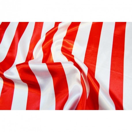 Tissu satin rayé rouge et blanc polyester -  Larg. 160cm (vendu au mètre)