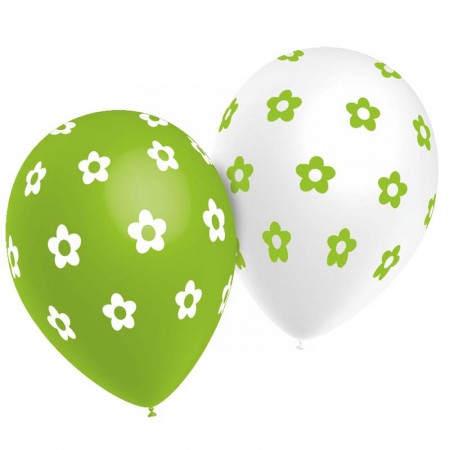Ballons verts et blancs motif Fleurs x8 - Diam. 29cm