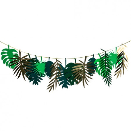 Guirlande de feuilles tropicales or et dégradé de vert - papier Long. 200cm