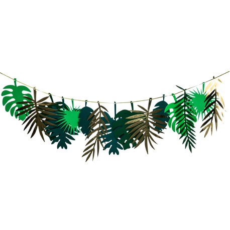 Guirlande de feuilles tropicales or et dégradé de vert - papier Long. 200cm