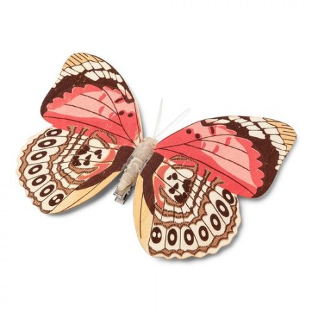 Papillon en bois marron et corail sur pince 18cm