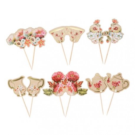 Lot de 12 pics motif floral rose et or - Haut. 8cm