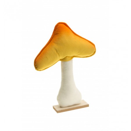 Champignon en velours orange/jaune sur socle en bois 23 x 5 x 30 cm