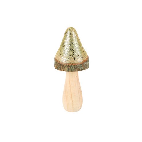 Champignon Pointu en Bois Écorce et Paillettes Or 7,5 x 17cm