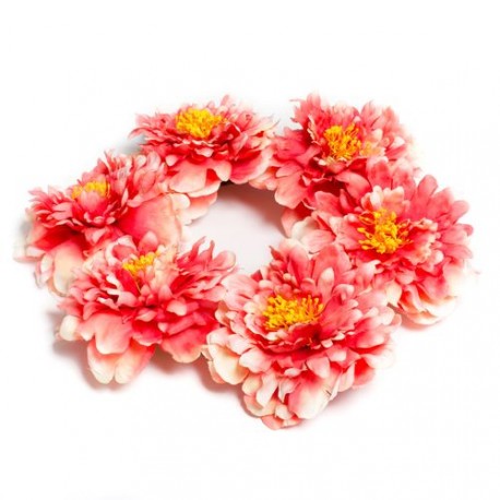 Couronne de 6 pivoines en tissu corail - Diam. 35cm