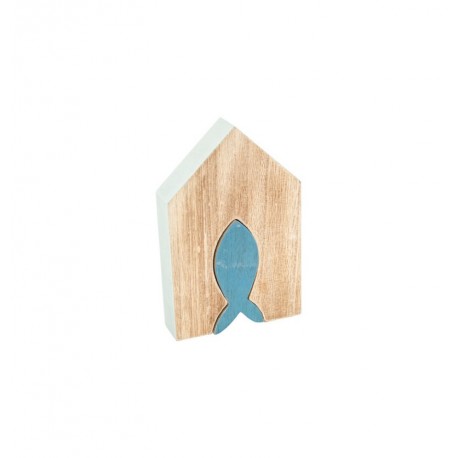 Maison en bois motif poisson bleu (15 x 9,5 x 2,5 cm)