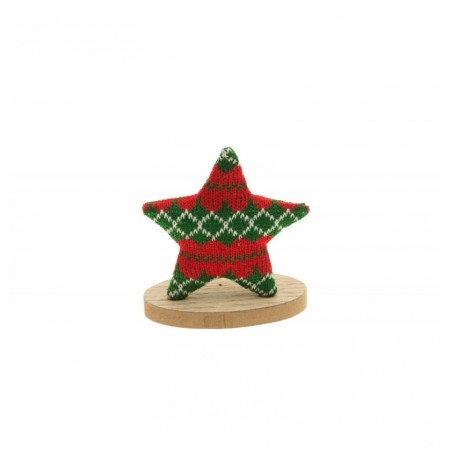 Étoile tricot Noël rouge et vert sur socle bois 7 X 11 X 12.5 cm