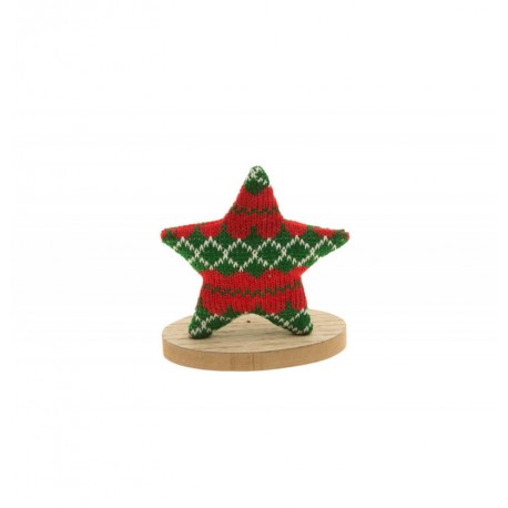 Étoile tricot Noël rouge et vert sur socle bois 7 X 11 X 12.5 cm