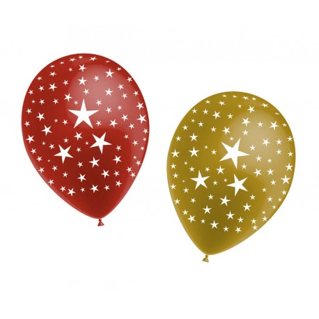 Ballon motif étoiles 4x OR et 4x rouges - Diam. 30cm