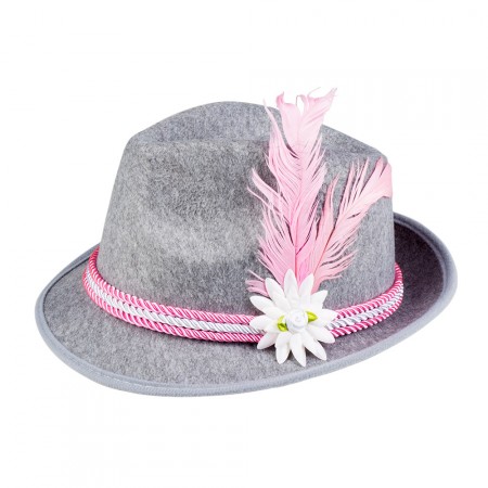 Chapeau tyrolien avec plume rose - Feutrine - hauteur 29 cm larg 24 cm