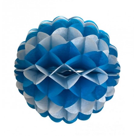 Boule festonnée blanche et bleue turquoise - papier ignifuge - Diam. 25cm