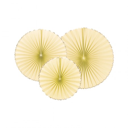 Lot de 3 éventails jaune pastel et or - carton 40-32-23cm