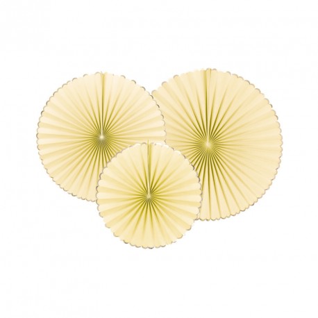 Lot de 3 éventails jaune pastel et or - carton 40-32-23cm