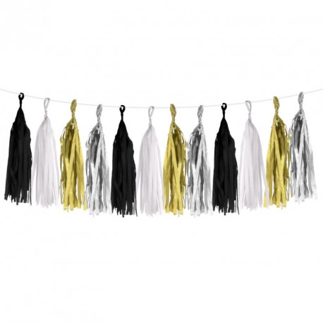 Guirlande Tassels 25 cm  noir blanc or argent 3 m