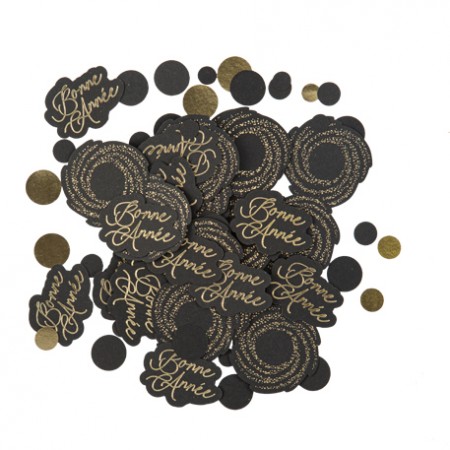Lot de 100 confettis 'Bonne Année' noir et or 1 à 3,5cm
