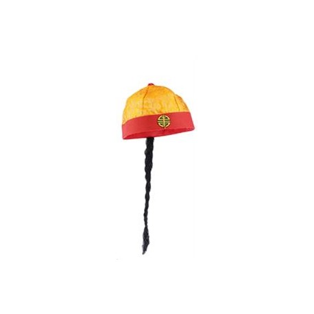 Chapeau Chinois avec tresse - Jaune et rouge - Taille adulte