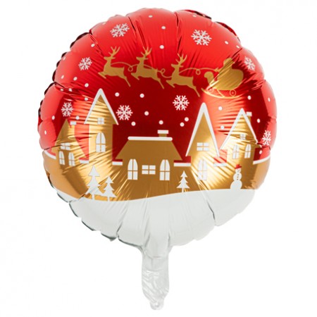 Ballon Mylar Village du Père Noël Rouge, Or et Blanc 45cm (Paille Incluse)