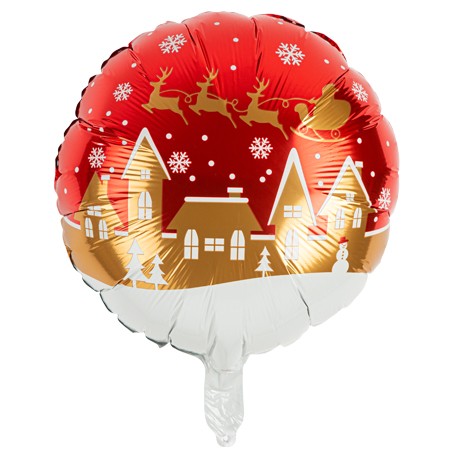 Ballon Mylar Village du Père Noël Rouge, Or et Blanc 45cm (Paille Incluse)