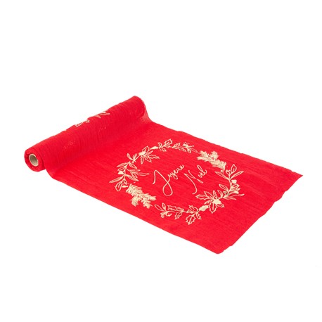 Chemin de Table Joyeux Noël Mousseline Rouge et Or 28 cm x 3 m