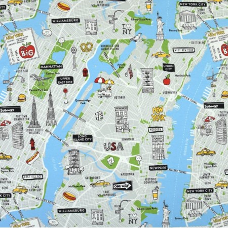 Tissu motif Carte de New York - Larg. 140cm (vendu au mètre)