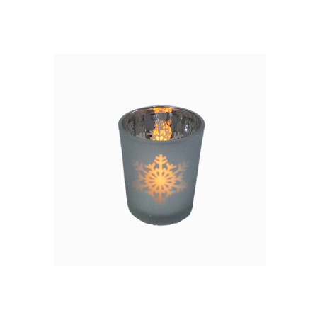 Photophore NOEL laqué ARGENT - FLOCONS - Verre - Diam 5cm - H 7,5cm AVEC BOUGIE