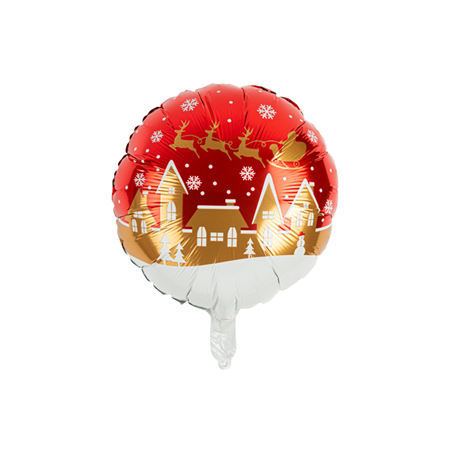 Ballon mylar Village du Père Noël Rouge, Or et Blanc - 45cm (Paille Incluse)