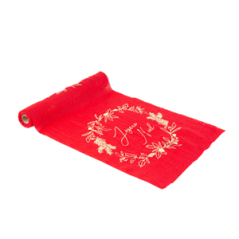 Chemin de table Joyeux Noël rouge et or mousseline 28cm x 3m