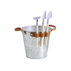 Cache pot en zinc anses en cuir + 3 accessoires de jardin  / H. 17,5 cm